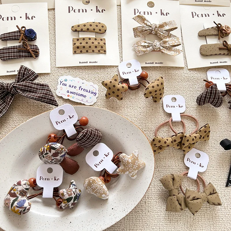 Korean coffee Color Bow Plaid Embroidery Hairpin Fabric Bb Clip Bangs Love Star Hair Band Headwear Girls Kids Hair Accessories