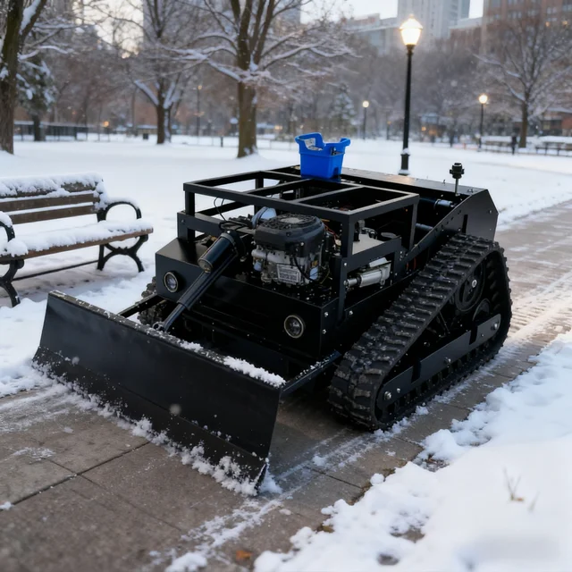 Customized All-Terrain GasolineTank Track Lawn Mower Remote Mower With Snow Blade Attachment 1