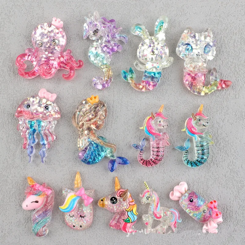 

100PCS Kawaii Flatback Resin Glitter Unicorn Mermaid Seahorse Decoration Crafts DIY Scrapbook Jewelry Making Accessories