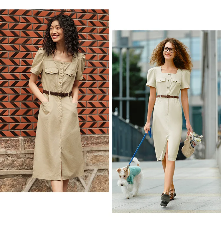 Dress Women Square Neck Split Midi Dress Summer New Salt-Washed Utility Dress With Vintage Vibes