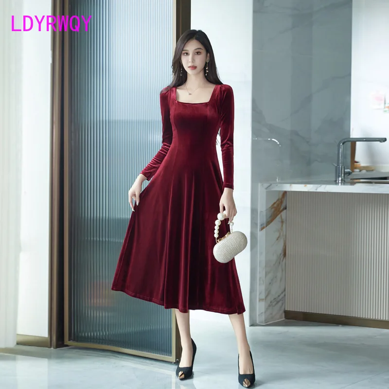 

2023 Autumn/Winter New Women's Velvet Slim Fit Long Sleeve Temperament Square Neck Mid length A-line Dress