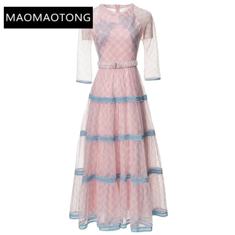 

Summer Mesh Dress Women O-Neck Half Sleeve Belt Flowers Print Vintage Party Long Dresses For Women 2023 Runway Luxury Brand High