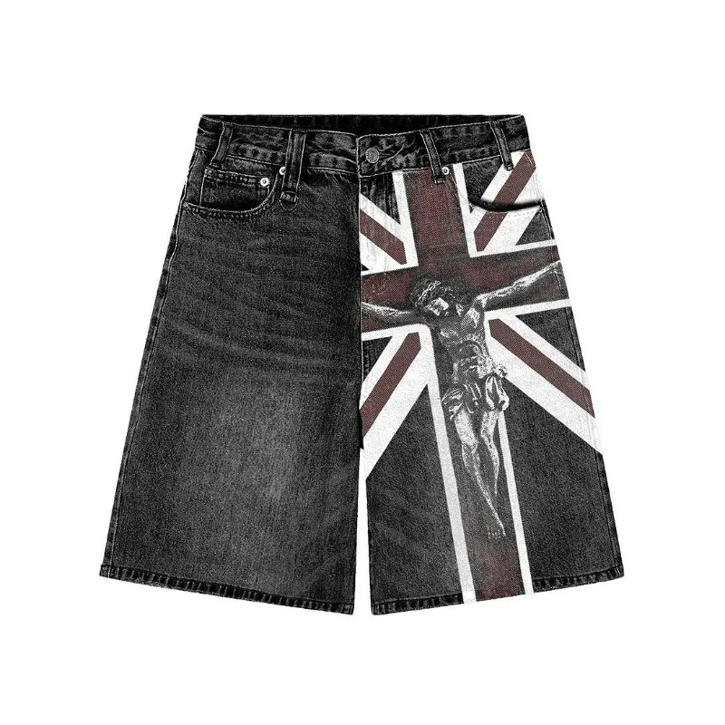 

2024 European and American Street Hip-hop Denim Shorts Men Y2k Casual Harajuku Retro Pattern Printed Oversized Jeans Women