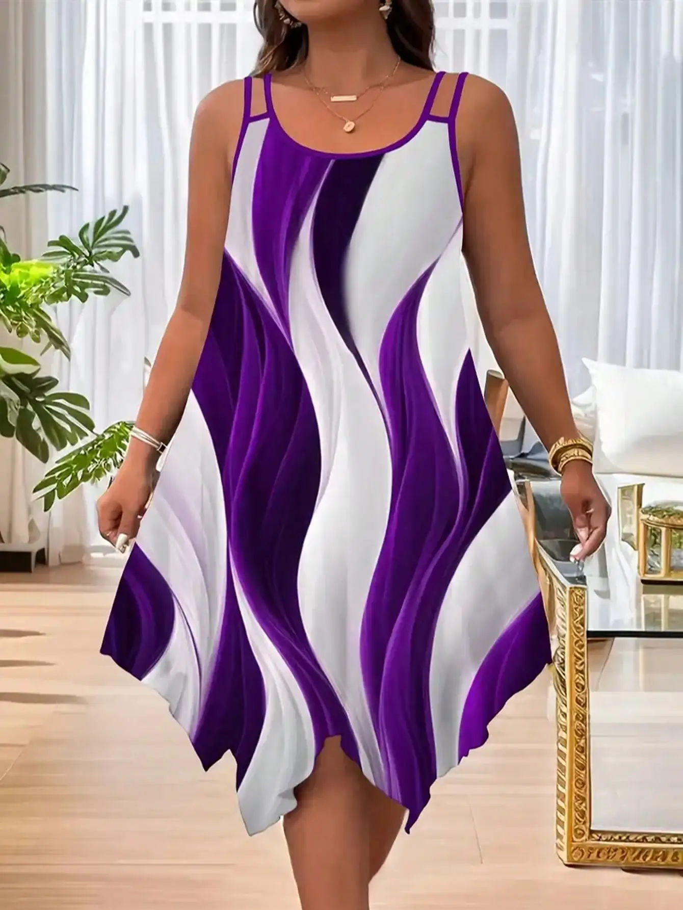 Plus-size women's fashion asymmetrical geometric stripes printed double strap dress 1
