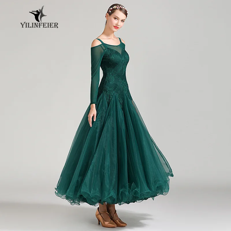 Ladies Latin Ballroom Modern Tango Waltz Dance Dress Long Standard Dress #1875 competition dresses