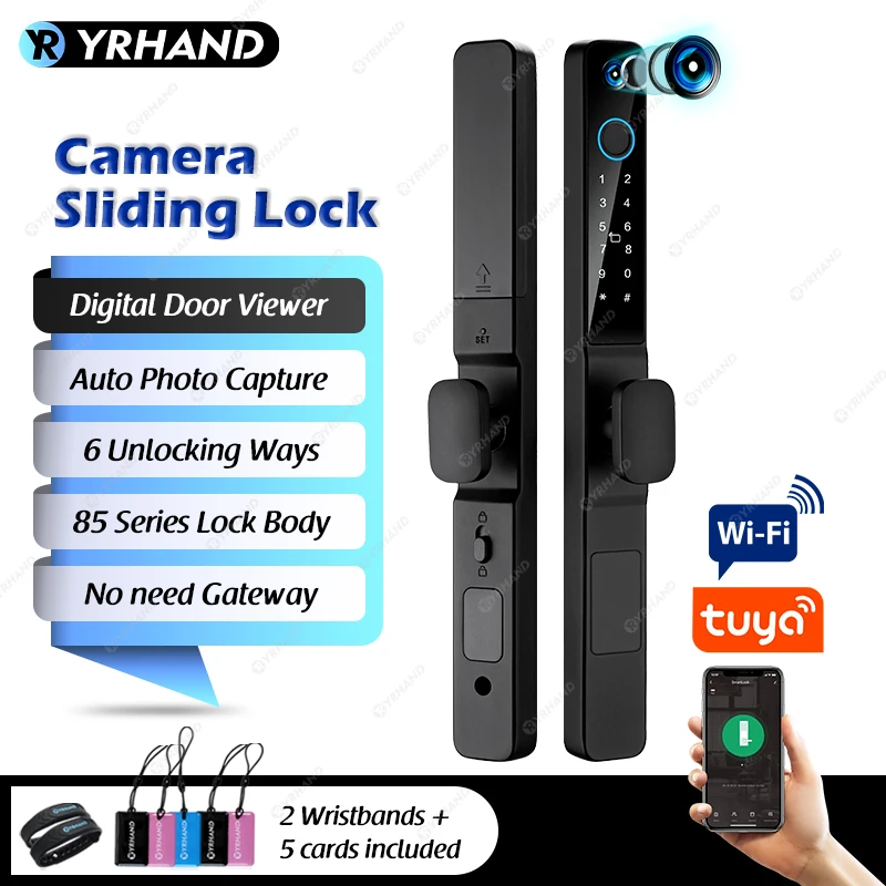 Yrhand Waterproof Outdoor Fingerprint Tuya Wifi App Rfid Peephole Smart Electronic Door Lock Alluminio/Vetro Scorrevole
