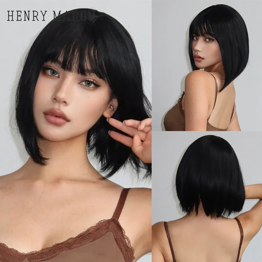 HENRY MARGU Short Black Synthetic Wig with Bangs Straight Bob Wig for Women Soft Daily Fake Hair Heat Resistant Wig Party Use