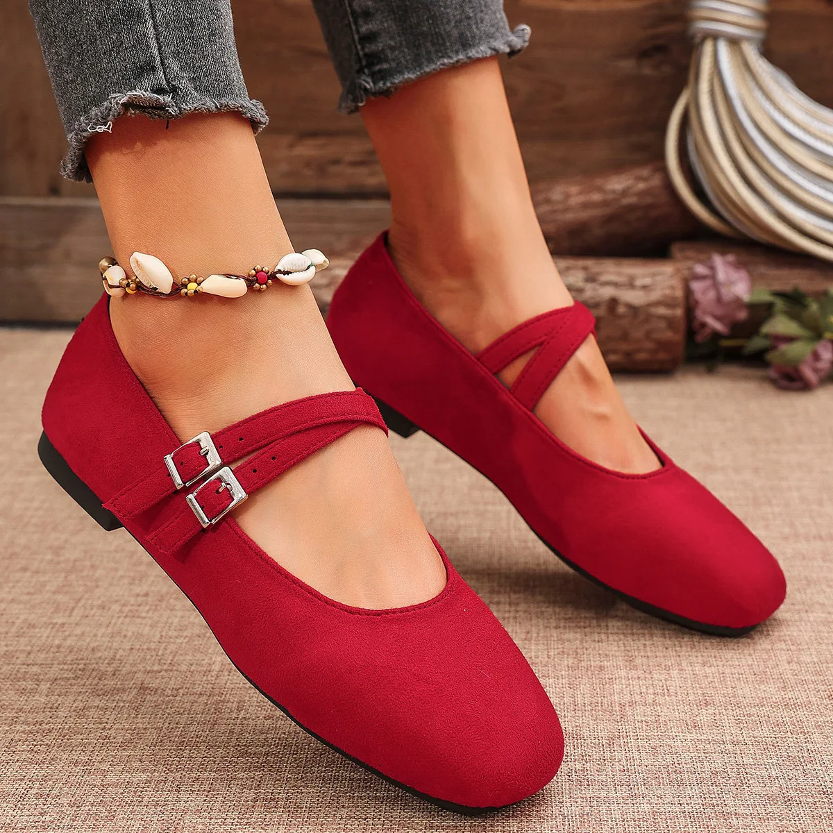 Mary Jane Buckle Strap Ballet Flats Women Shoes Shallow Casual Leopard Print Comfortable Square Toe Flat Shoes for Women Zapatos