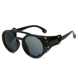 Steampunk Shields: Unisex Classic Round Sunglasses with Leather Side Accents and UV400 Protection (Black lens)