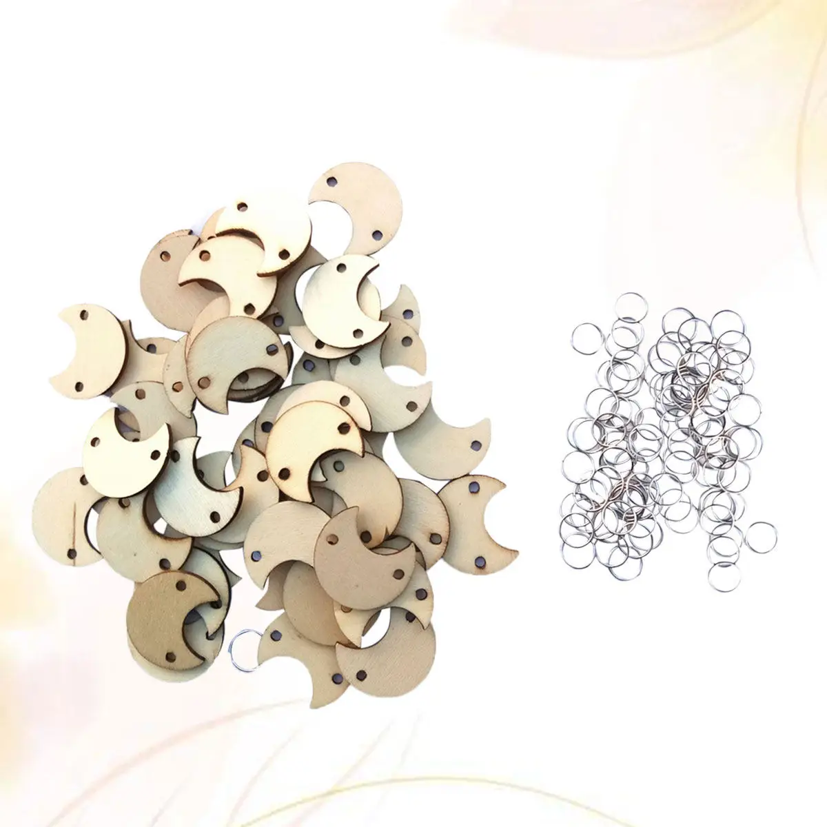 100Pcs 나무 달 모양 조각과 금속 와이어 링 키트 DIY 사진 소품 생일 축제 크리스마스 웨딩 장식 공예
