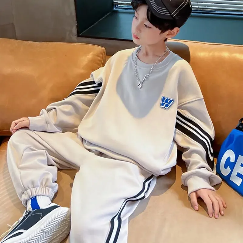 Autumn Spring Teen Boys Clothing Set Children Side Stripe Sweatshirt Pullover Top and Sport Pant Suit 2PCS Sport Outfits