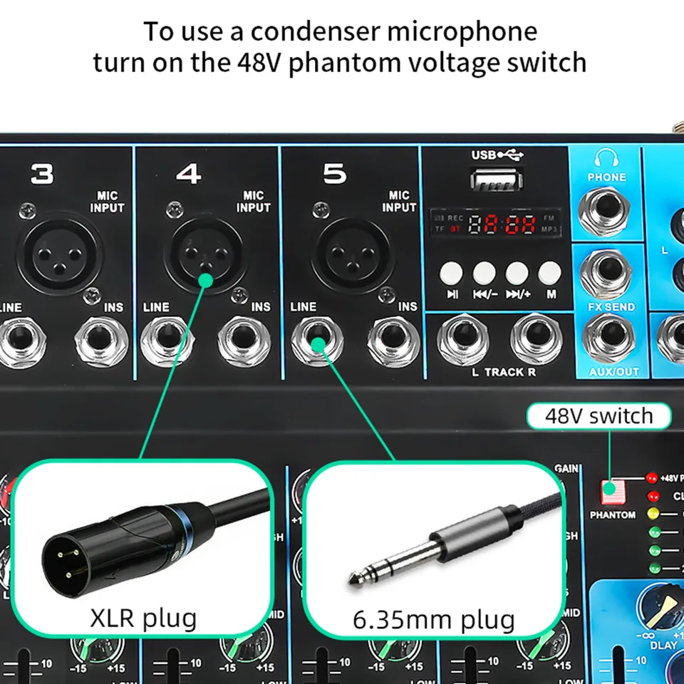 BAOCHADA 7-Kanal Bluetooth Audio Mixer - Profi DJ Mischpult Mit 6 Musikmodus & Frequenzüberwachung