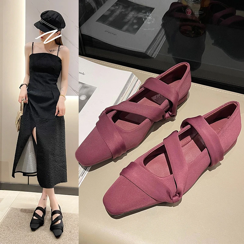 

High-End Custom Square Toe Low-Cut Low Heel Flat Pumps Women's Slip-on Lace-up Retro Not Tired Casual Shoes