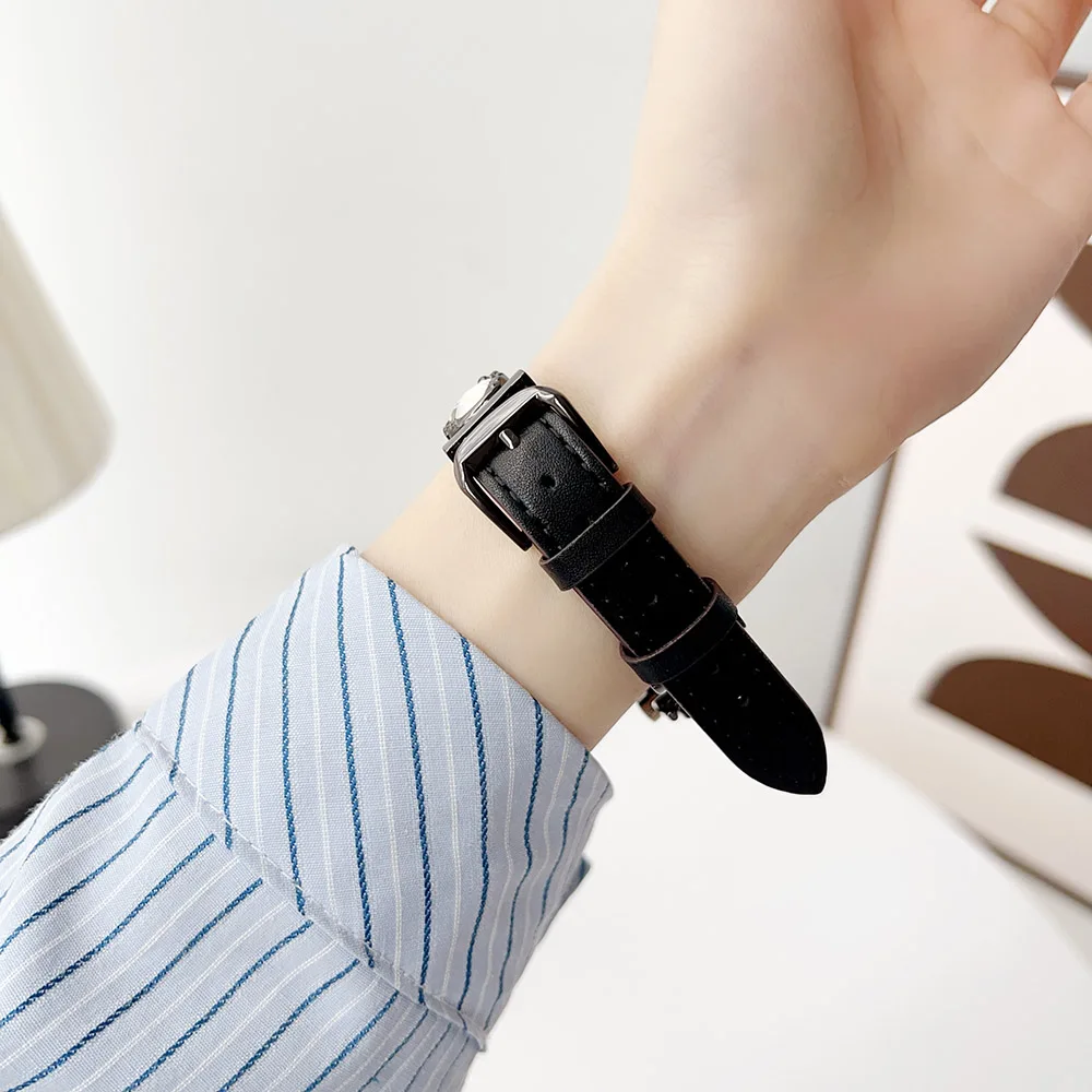 Elegant 18mm Leather Watch Band with Bling Metal Slim Bracelet Strap