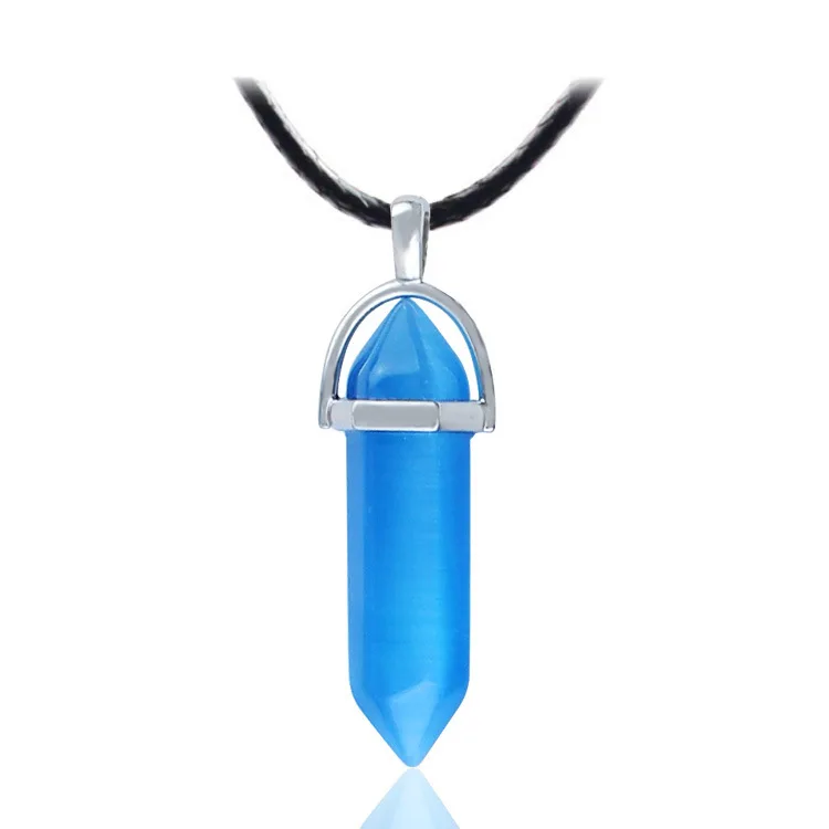 Natural Crystal Bullet Hexagonal Opal Cat's Eye Pendant PU Chain Necklace For Women Jewelry