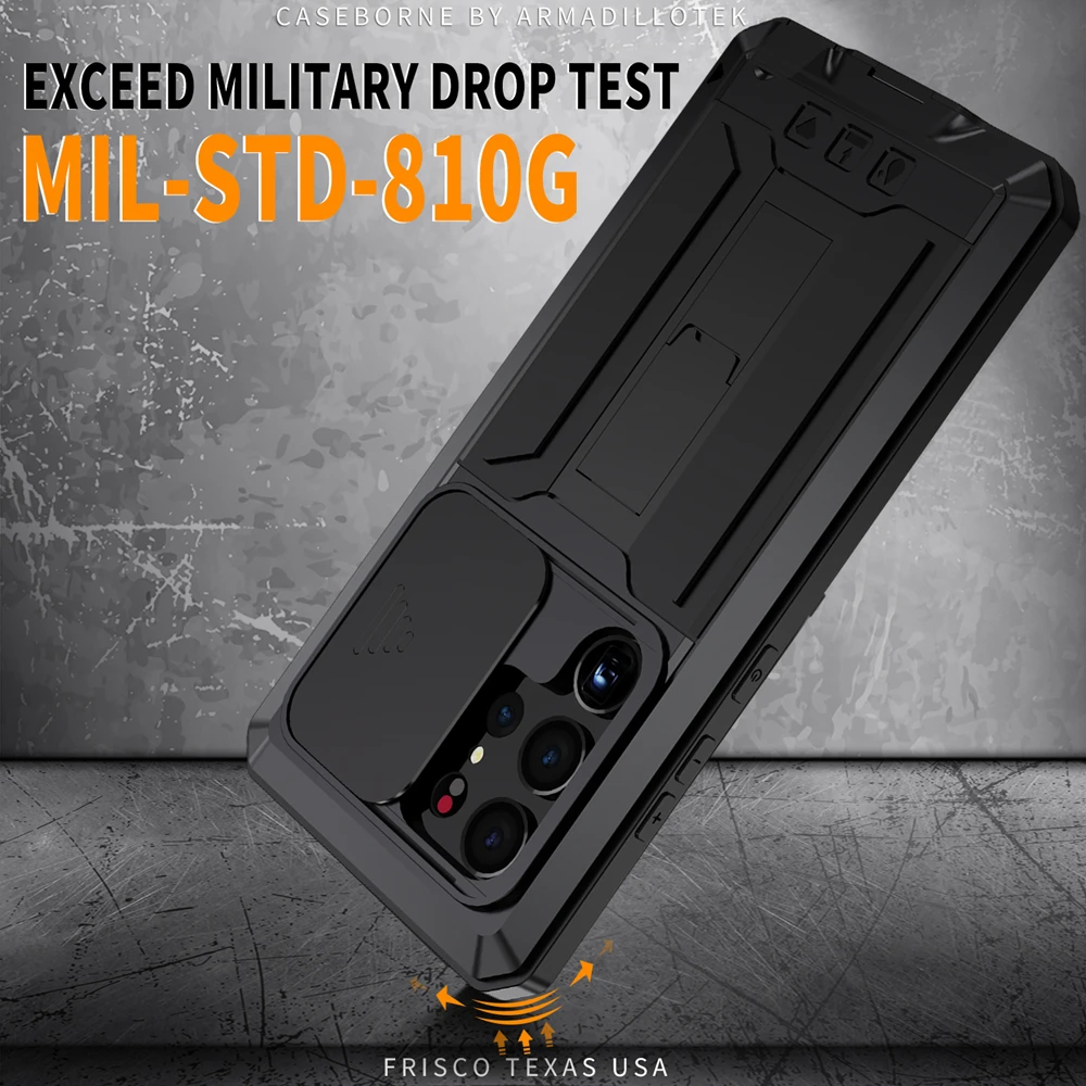 Heavy Duty Shockproof Metal Aluminum Case with Built-in Kickstand and Glass Cover