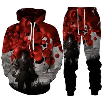 2023 autunno inverno felpe con cappuccio da uomo tuta Set film Horror pagliaccio stampa 3D moda felpa con cappuccio pantaloni tuta divertente Unisex Pullover Set 1
