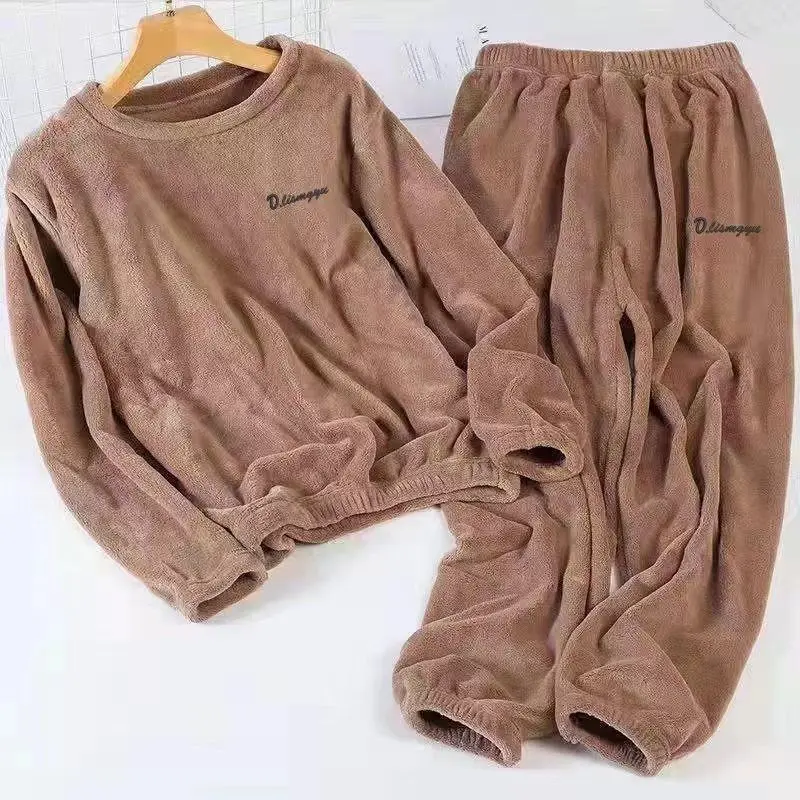 Letter Women Pajamas Set for Women 2 Pieces Fleece Sleepwear Korean Style Suit Fashion Winter Piiama O-neck Night Wears Pyjamas