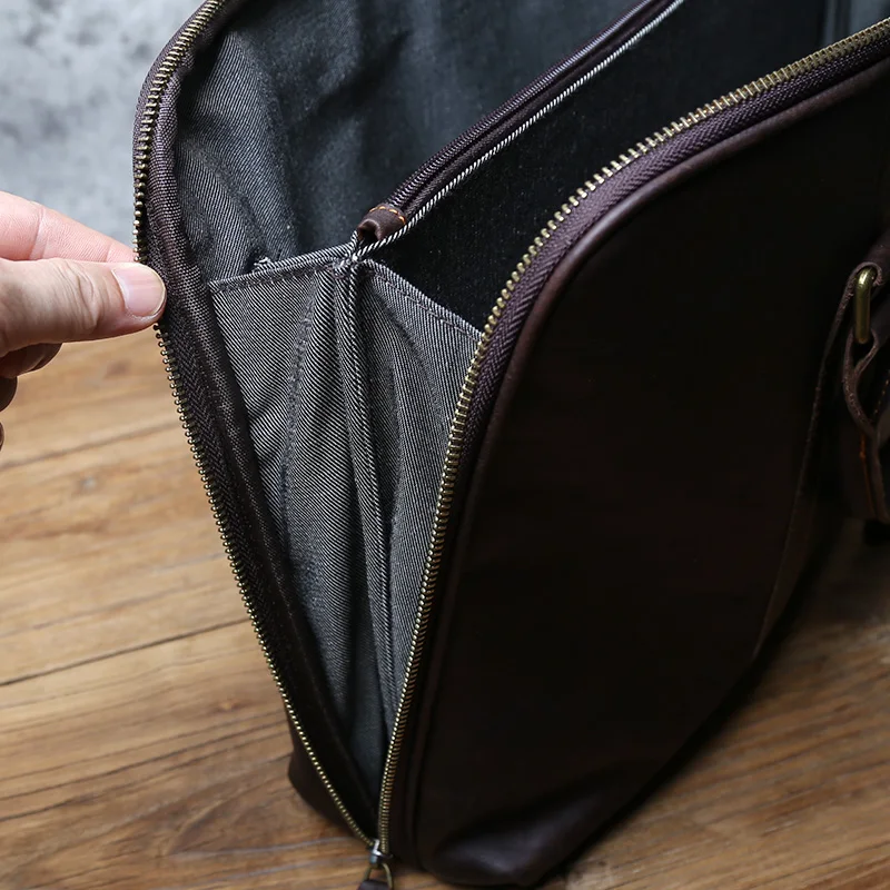 NZPJ Vintage Handmade Leather Men's Handbag Top Layer Cowhide Large-capacity Business Computer Bag Men's Shoulder Diagonal Bag