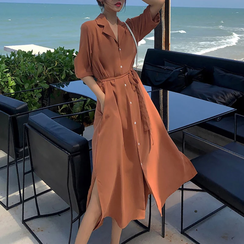 

Loose Lapel V Neck Shirts Dress Women Summer 2023 New Fashion Causal Pocket Single Breasted Lace Up Short Sleeve Long Dresses