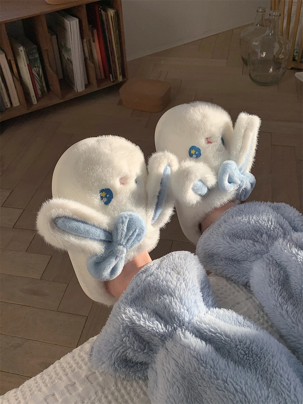 Funny Cute Bunny Warm Plush Cotton Slippers Women 2022 Winter Female Home Slipper Anti-skid Soft Soled Rabbit Shoes cute whale cotton slippers for men and women 2024 winter cute cartoon warm home slipper for couple soft sole plush shoes