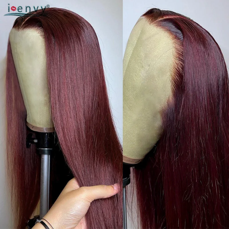 버건디 13X6 13X4 HD 레이스 프론탈 인모 가발 스트레이트 핫 레드 레이스 프론트 가발 (흑인 여성용) 99J 컬러 가발 프리 플러킹 처리됨