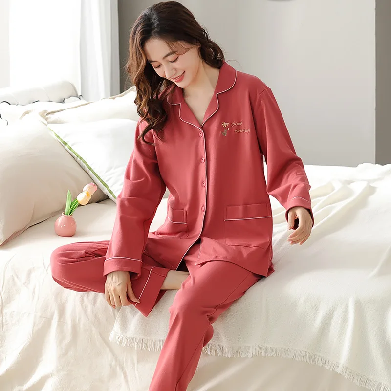 Spring Autumn Women's Pure Cotton Pajamas Long Sleeve Cardigan Oversized Loose Fitting Home Clothing Set Sweet Lovely Sleepwear