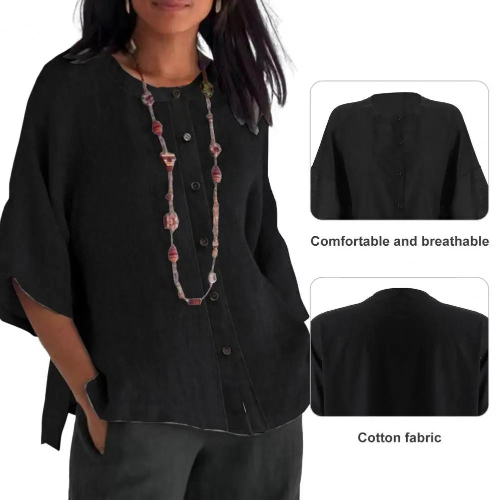 

Spring Autumn Blouse Vintage Loose Women's Cardigan Soft Breathable Three Quarter Sleeve Top Blouse for Fall Round Neck Top