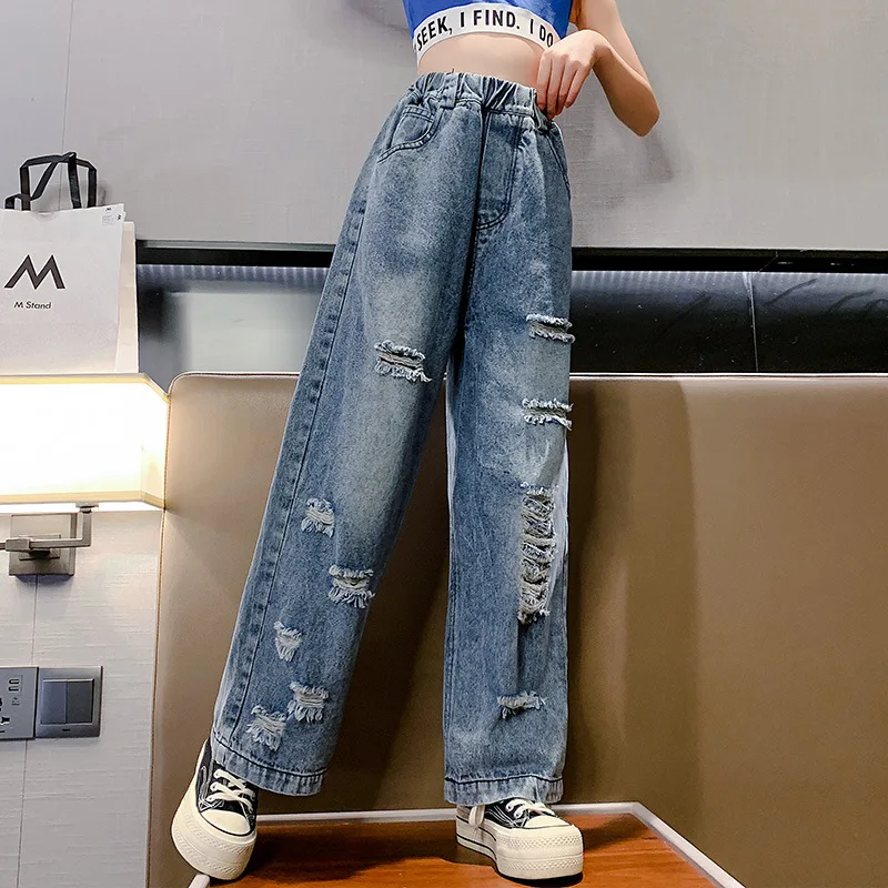 

Kid Girls Clothes Spring New Casual High Waist Jeans Fashion Korean Ripped Denim Trousers for Teens Elastic Waist Pants 4-14 Yrs