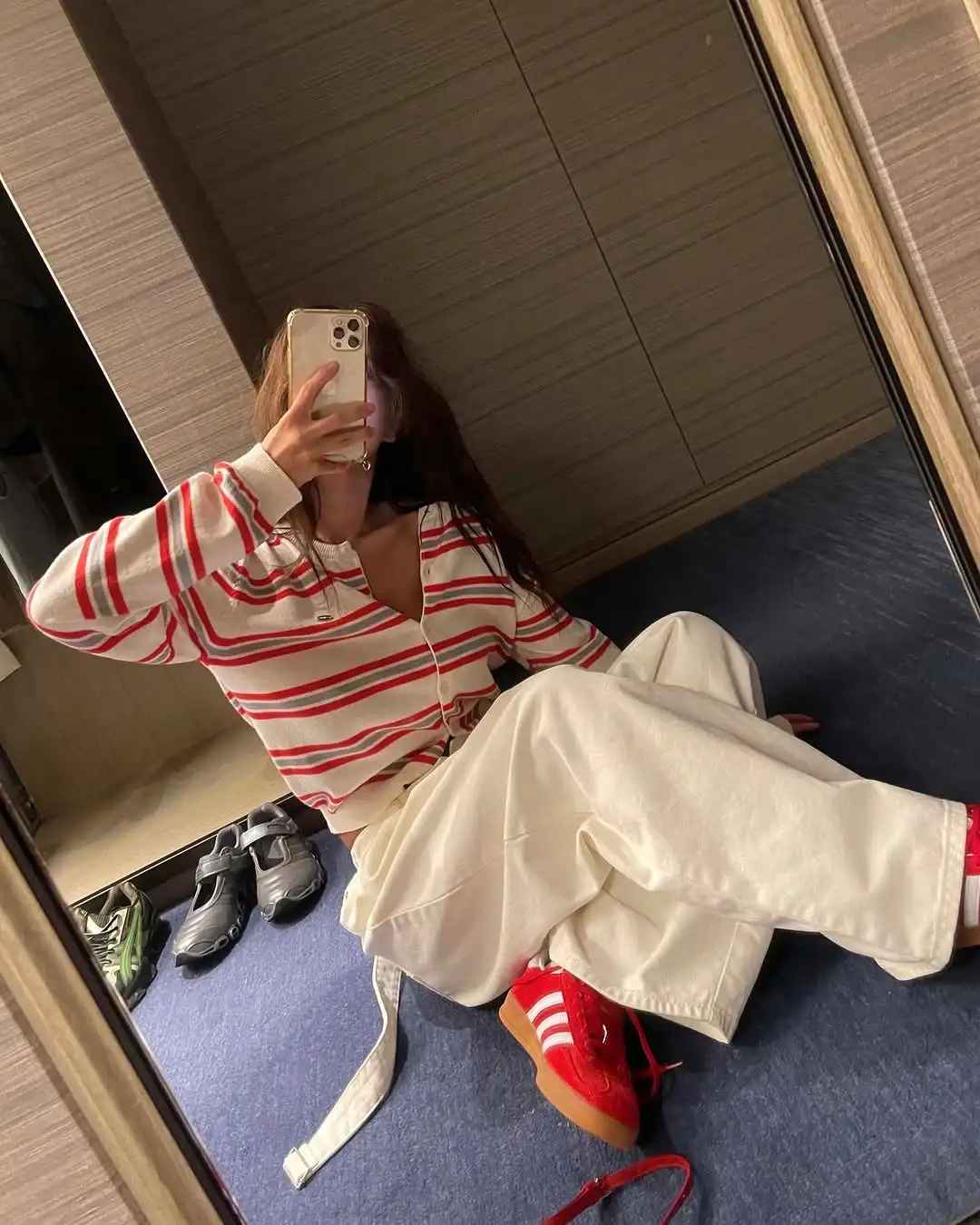 Striped Knit Cardigan - Cropped Polo Collar Style