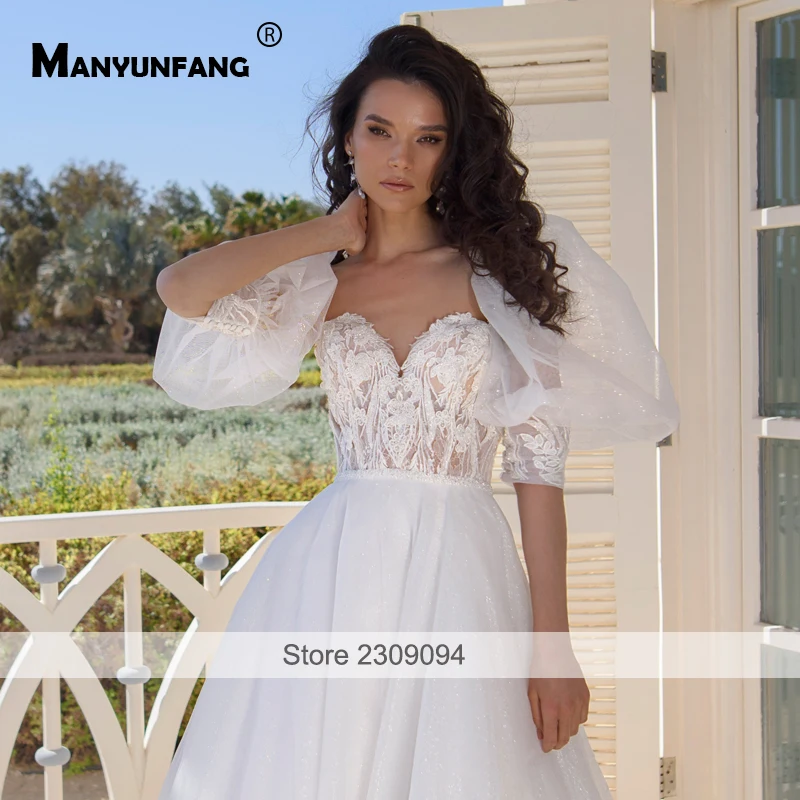 Vestido De Linho Italiano Puro Elegante Sweetheart Neck Vestido De Novia Bohemio Puff Vintage Dress Half Sleeve Wedding Dress 5