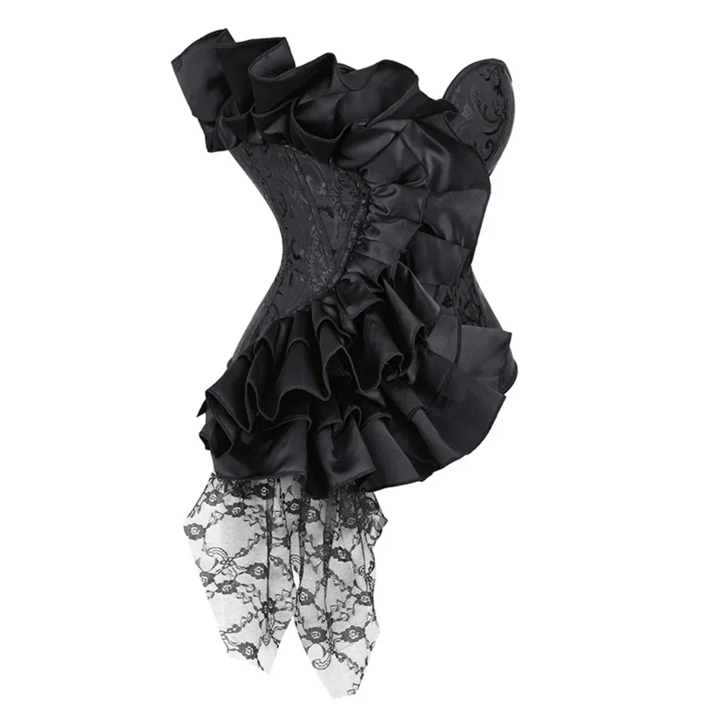 Women Black Bustiers And Corset Top Ruffle Lace Decoration Gothic Waist Trainer Body Shaper Sexy Masquerade Corsets