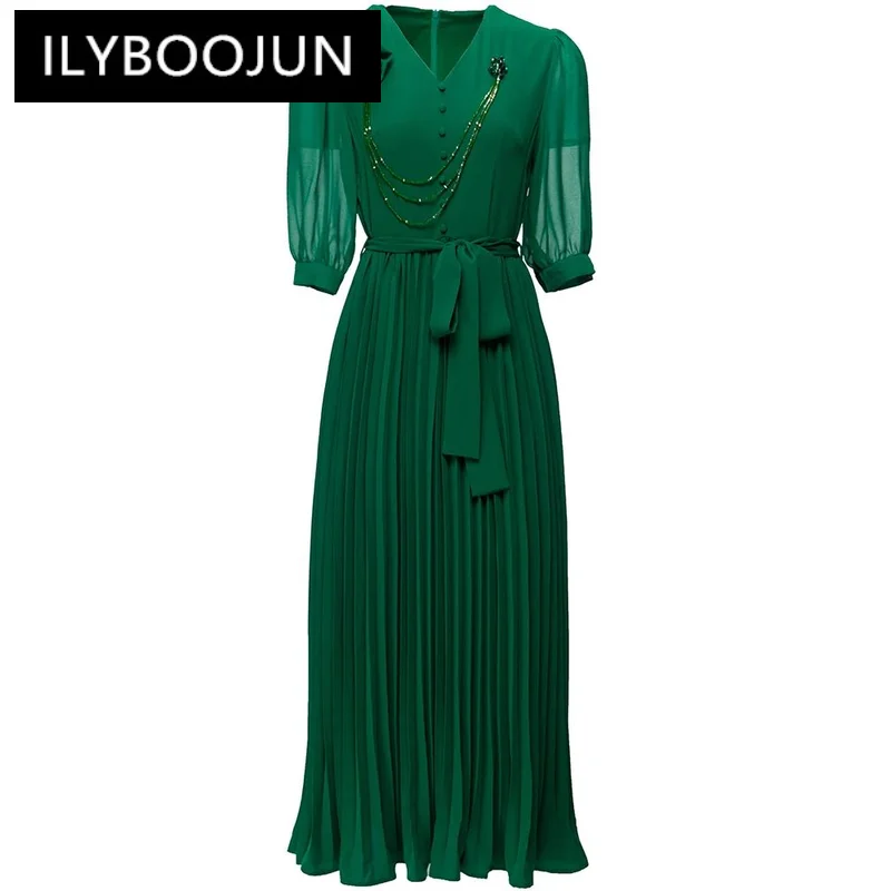 

ILYBOOJUN Fashion Designer Summer Dress Women's V-Neck Beading Draped Belted High waist Solid green Pleated Midi Dresses