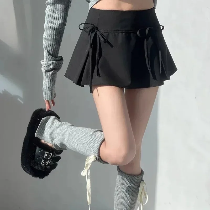 Mini Skirt with Bow Low Rise Boxy Pleated Short Skirt Miniskirt Summer Y2K 90s Cute Outfit Skirts for Women