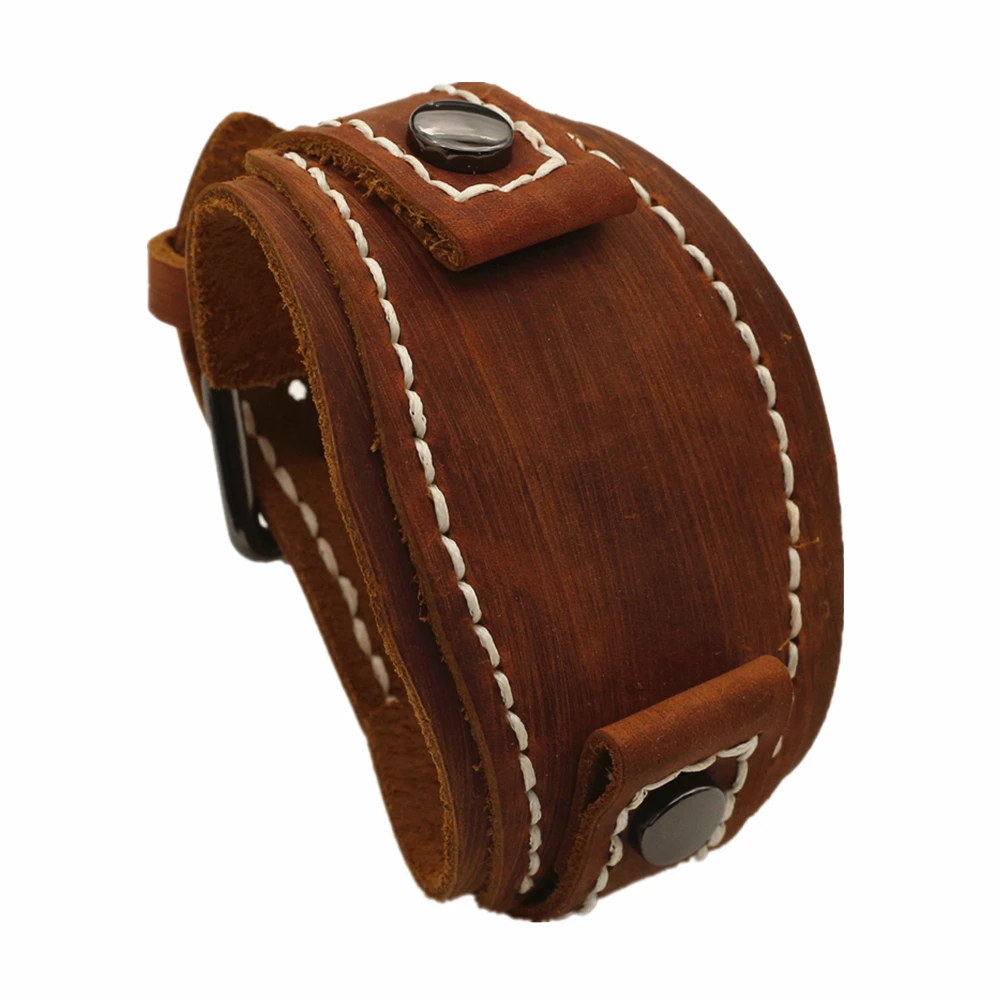 Handmade Stitched Watchband Punk Vintage Brown Black Red Genuine Leather Belt Watch Strap Men Bracelet Jewelry