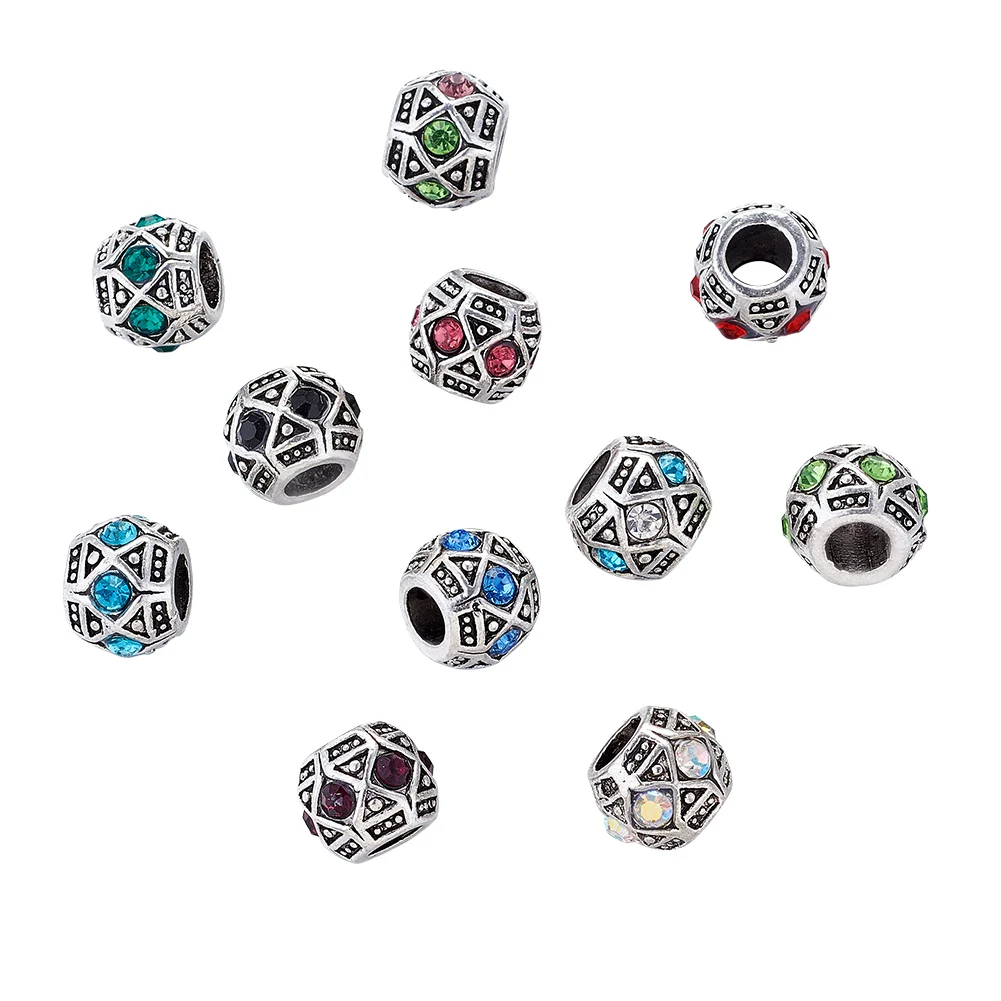 50Pcs Alloy Rhinestone European Beads Mixed Color Rondelle Large Hole Beads Spacer For DIY Charms Bracelet Jewelry Making