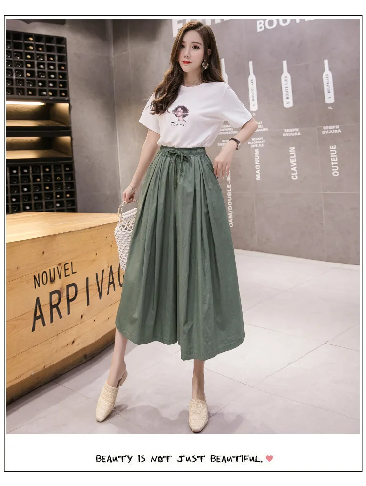 Women's Pants New 2022 Spring Summer New Loose Women Wide Leg Pants Elastic Waist Bandage Skirt Pants Female Pant RV554 white capri pants