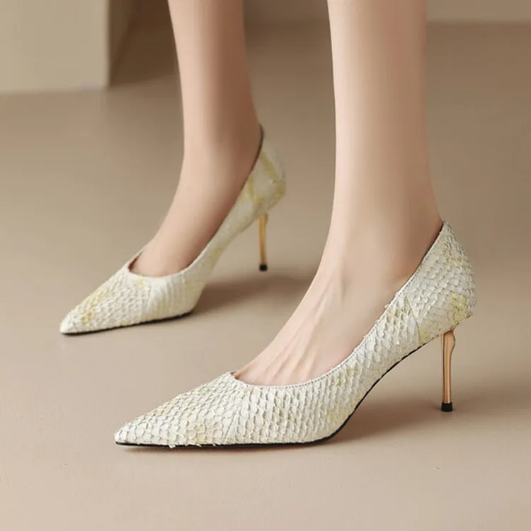 

Beige Fish Leather Design Women Shallow Pumps Chic Fashion Iron High Heels Light Blue Lady Pointed Toe Prom Sapatos Femmes