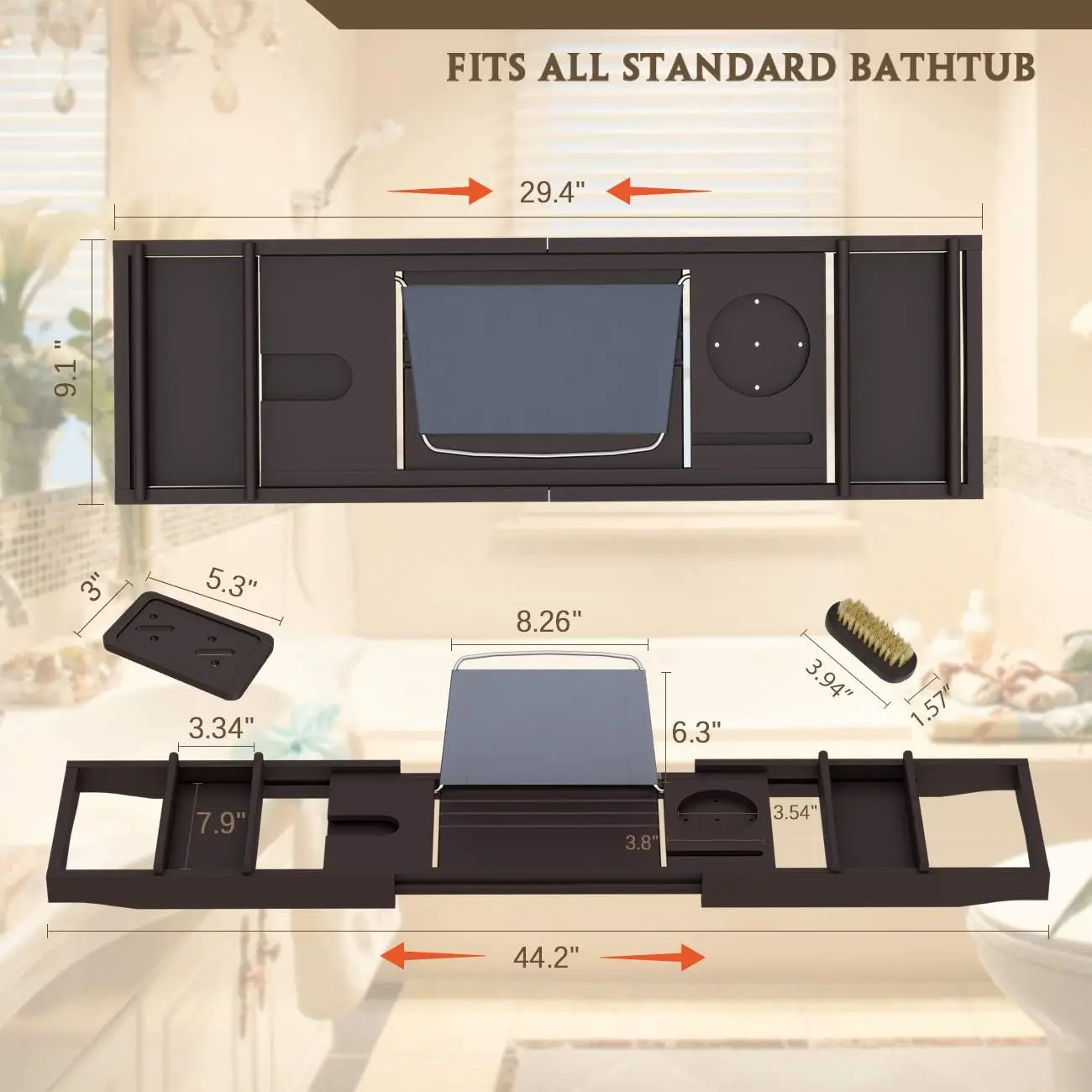 Caddy Tray for Luxury Bath-Bamboo Waterproof Expandable Bath Table Over Tub with Wine and Book Holder and Free Soap Dish