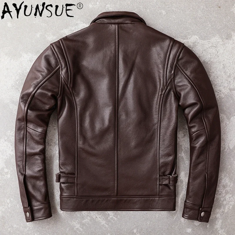 Men Leather Jacket AYUNSUE Men's Real Cowhide Genuine Leather Jacket Autumn Coat