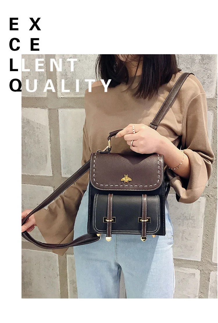 Women Backpack Luxury Bee Vintage Leather Preppy Female Backpack Handbag School College Backpack Travel Bag Shopping Bag mochila stylish backpacks for kid