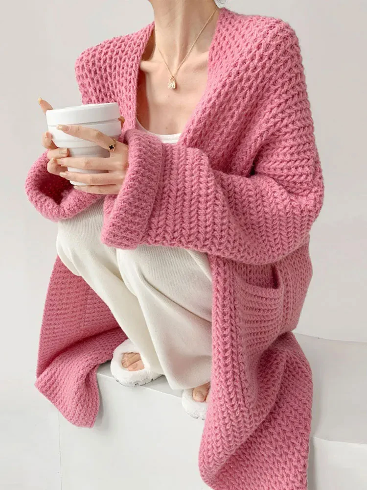 

Женский длинный кардиган оверсайз, осенне-зимний вязаный свитер с длинным рукавом, пальто, милая Повседневная Свободная трикотажная одежда в Корейском стиле