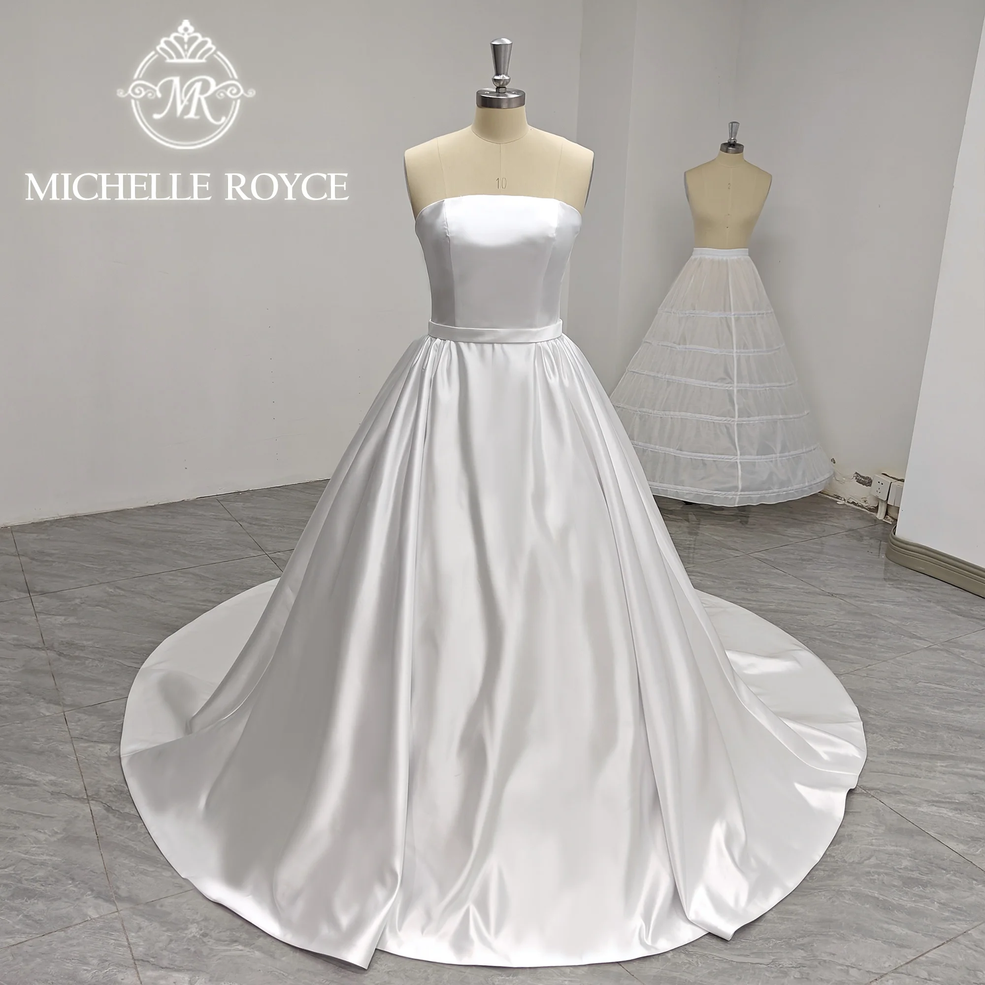 

Michelle Royce A-Line Wedding Dresses Real photos 2023 Chic Strapless Court Train Lace Up Satin Wedding Gown Vestidos De Novia