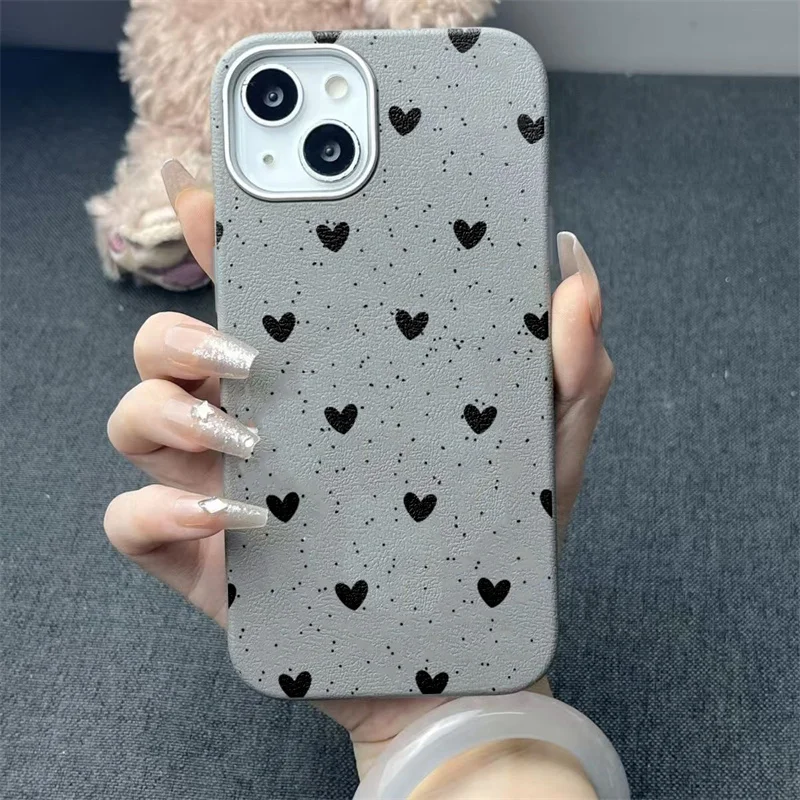 Chic Black Heart Leather Texture Phone Case Cover