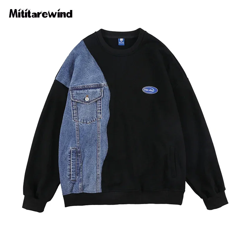 Clothes Men Jeans Patchwork Round Neck Sweatshirt Casual Cotton Vintage Y2k Men Pullover Pink Hoodies Designer Clothes