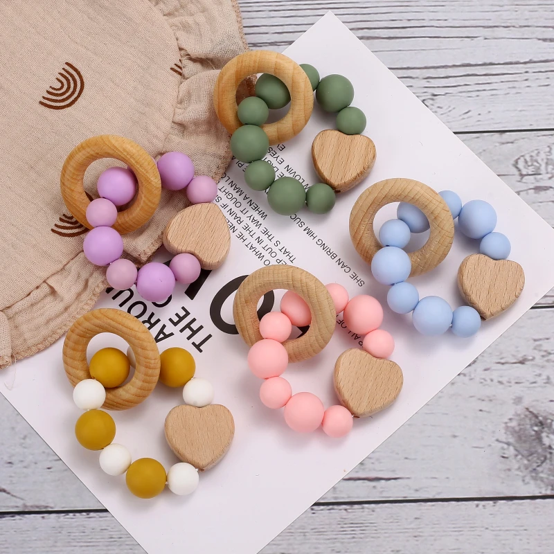 Baby Beech Wood Heart Bead Pacifier Clip Cartoon Koala Silicone Beads Pacifier Chain Bracelet Rattle Nursing Teething Toys