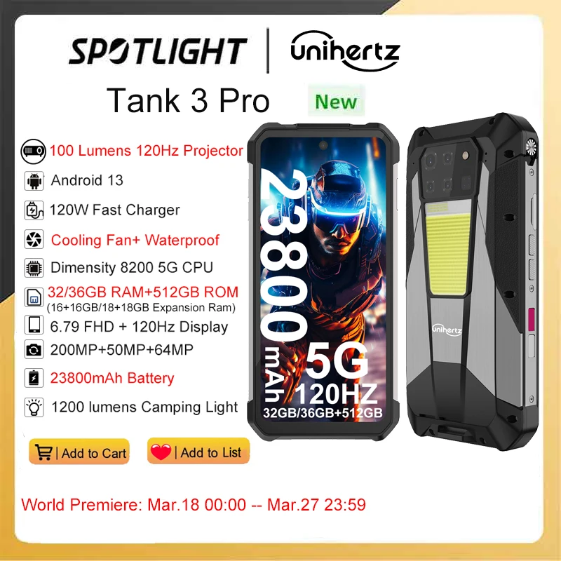 Unihertz Tank 3 Pro 8849 Con Proiettore 100 Lumen 120Hz, 32Gb/36Gb Ram,512Gb Rom, Caricabatterie Rapido 23800Mah 120W, Fotocamera 5G,200Mp