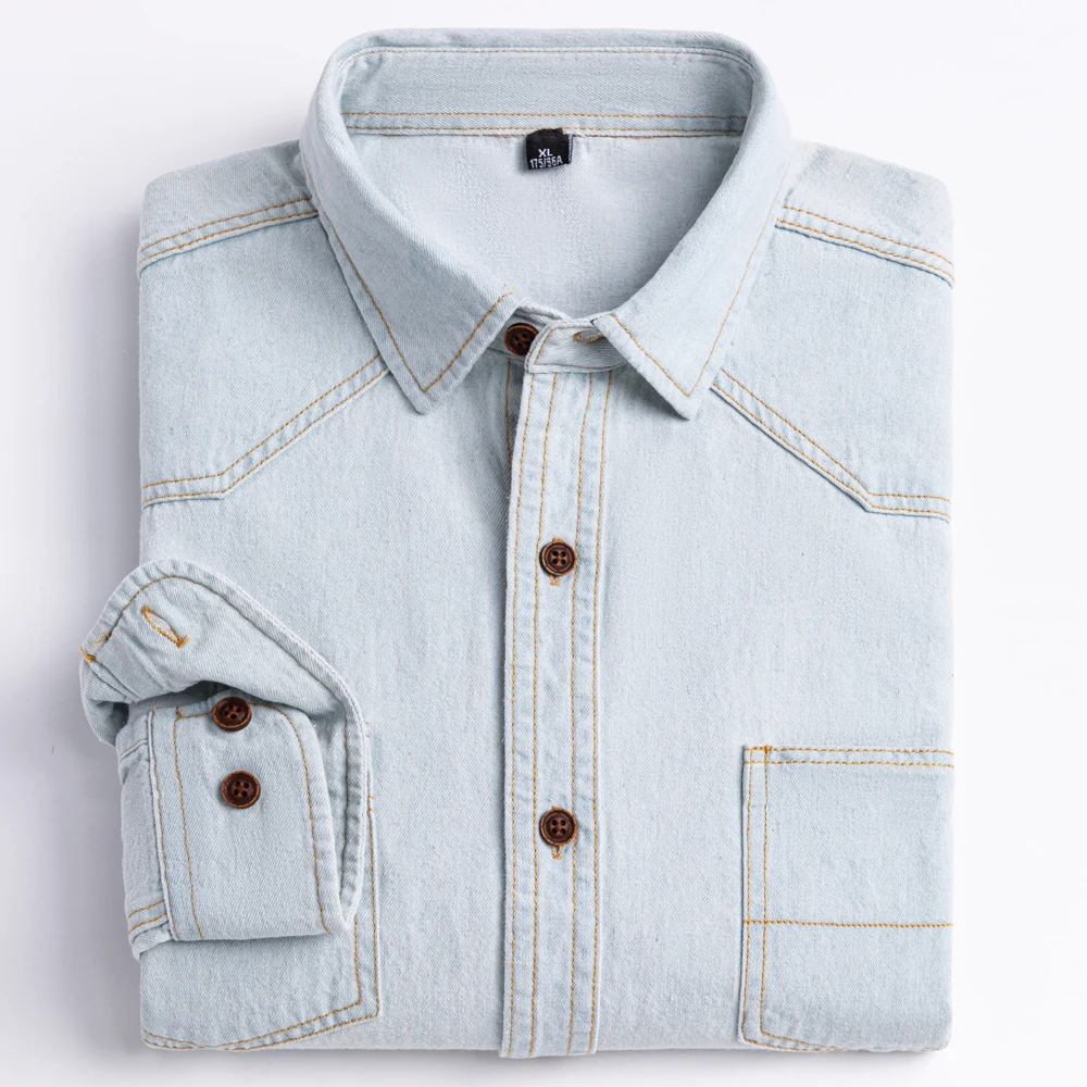 Men's Versatile Casual Long Sleeve Denim Pocket Shirt Regular-Fit Comfortable Soft Cotton Washed Durability Work Shirts denim shirt long sleeved shirt