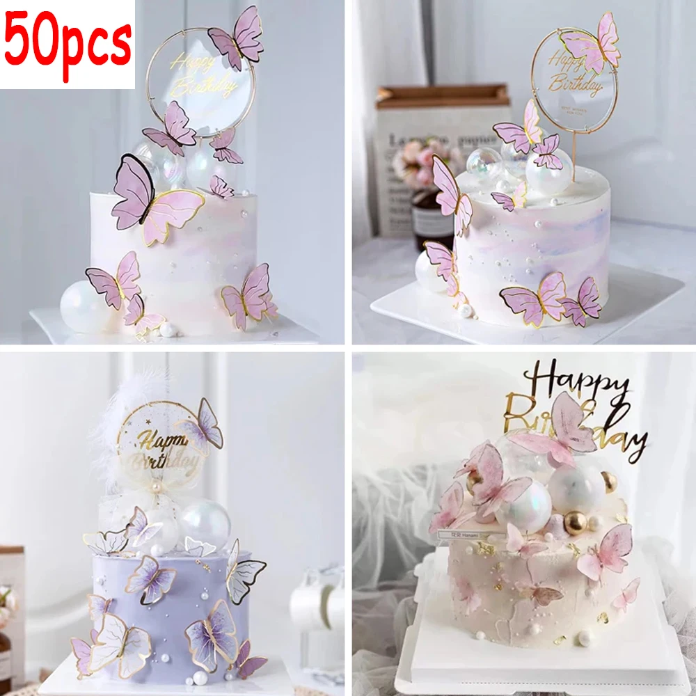 

50pcs Gold Pink Butterfly Cake Toppers Princess Girl Happy Birthday Party Decoration Wedding Dessert Cake Decor Mom's Birthday