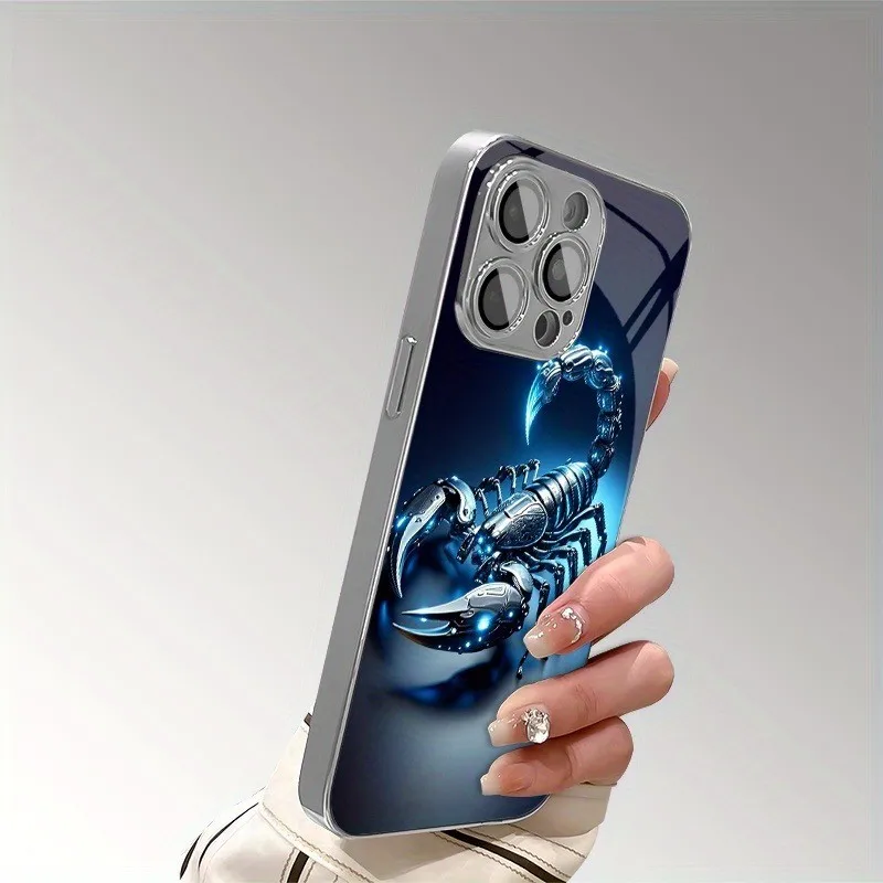 Luxurious Blue Light Metallic Scorpion Pattern Glass Phone Case